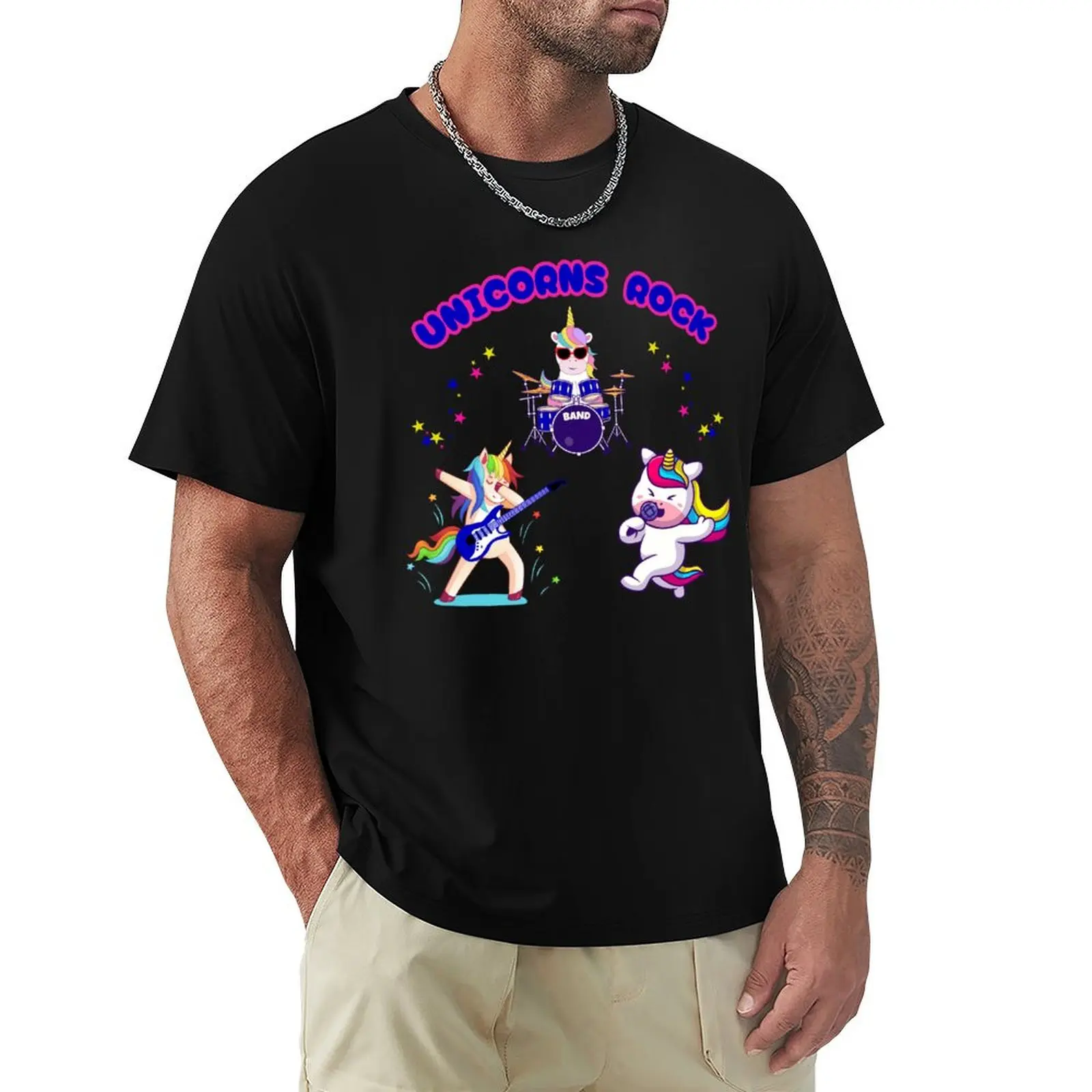 Unicorns Rock Cool Band Lead Singer Guitarist & Drummer T-Shirt Large Size Soft Cotton T-Shirt