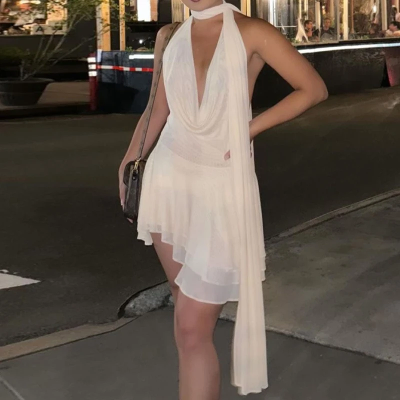 2025 novas roupas femininas sexy oco profundo v cor sólida em camadas plissado folha borda pescoço vestido sem costas