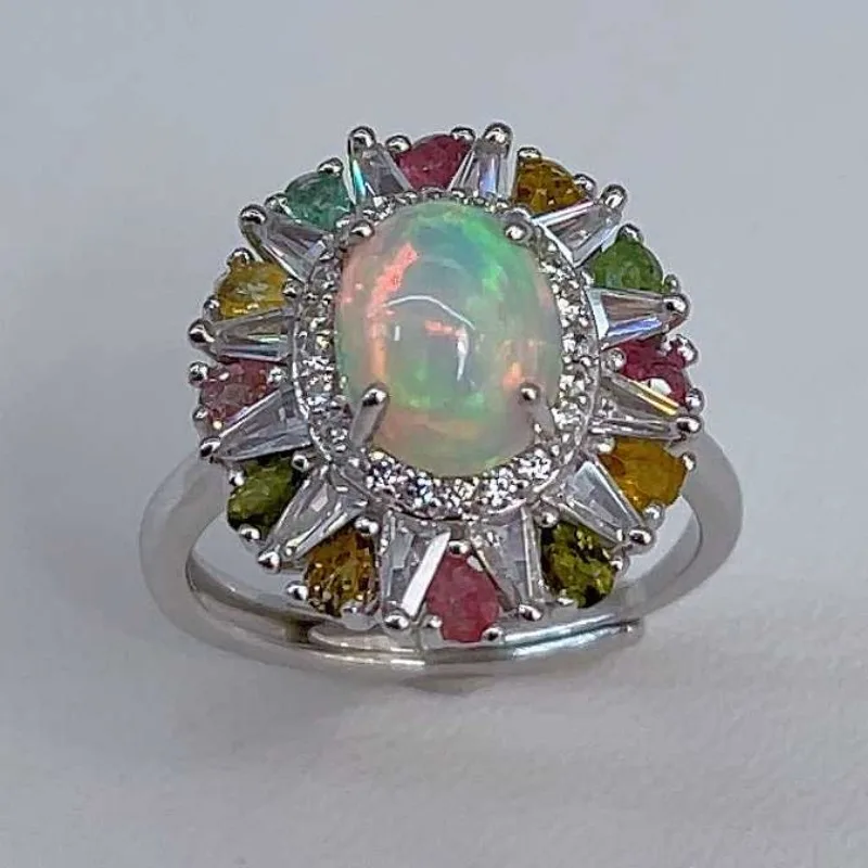 SACE GEMS New Luxury 925 Sterling Silver 7*9MM Natural Opal Gemstone Rings for Women Engagement Cocktail Party Fine Jewelry