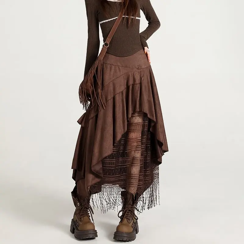

Qiukichonson Suede Mid Long Skirt Women 2025 Patchwork Lace Goth Lolita Spring Autumn High-Waist Ruffles Asymmetrical Maxi Skirt