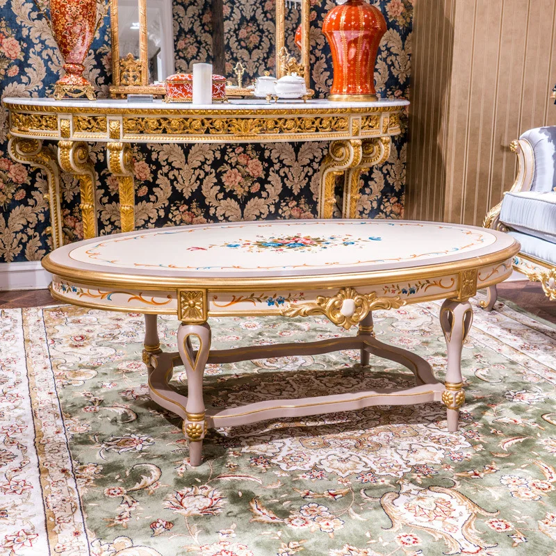 

French luxury heavy industry hand-painted light purple 13 oval coffee table corner combination villa living room