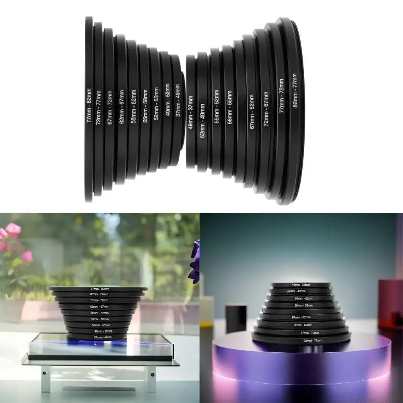 F62C 18 Pieces Step Up / Down Lens Filter Adapter Rings Set for UV and Polarizers Adapter Rings For All Camera DSLR 37-82mm