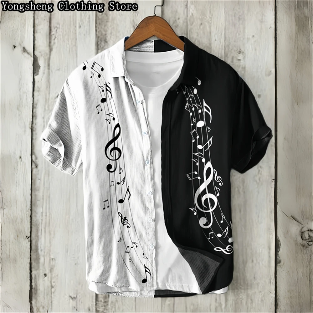 

Men's short-sleeved linen printed shirt music festival note print popular elements casual clothing