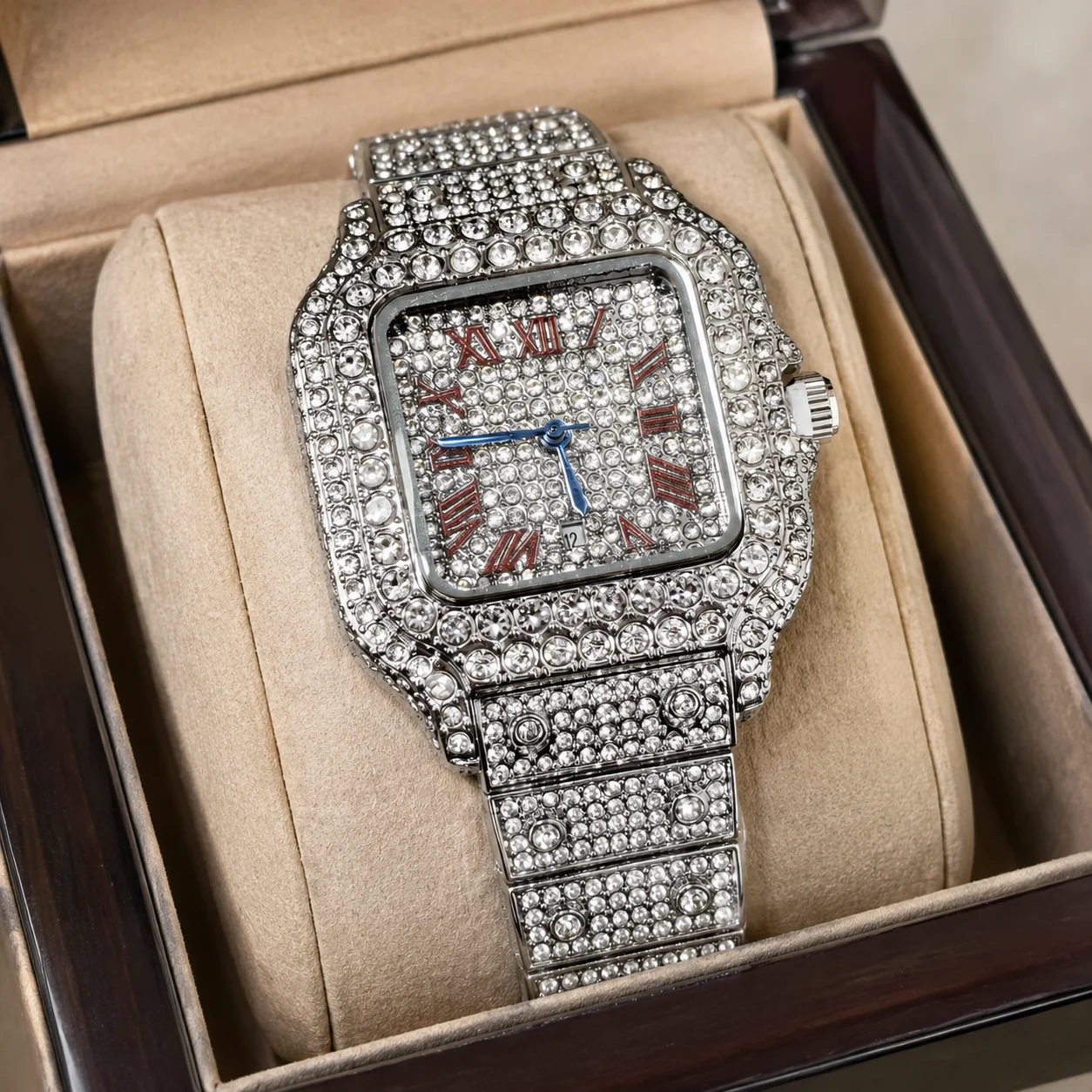 Men's square plate reading watch, block face splicing shape strap, light luxury collection style