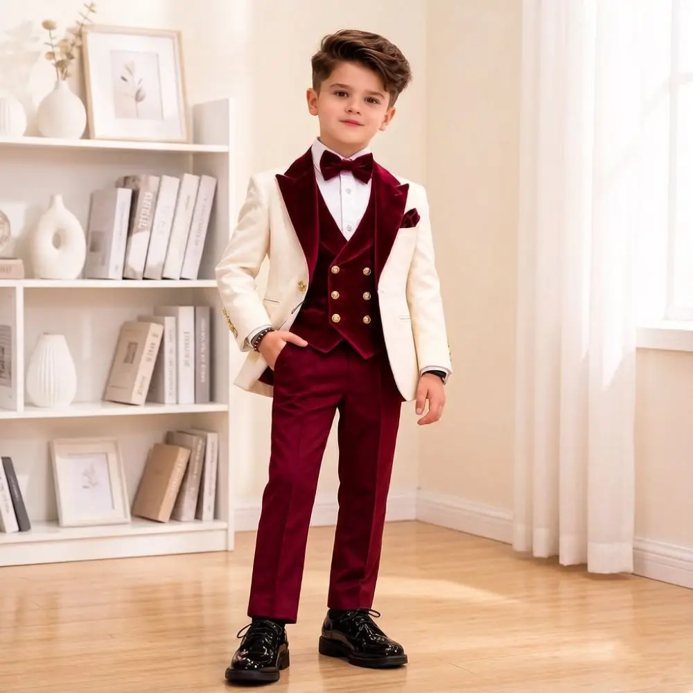 Boys Off White Burgundy Contrast 3 Pieces Tuxedo Velvet Formal Gold Buttons Classic Silhouette Kids Wedding Graduation Wear