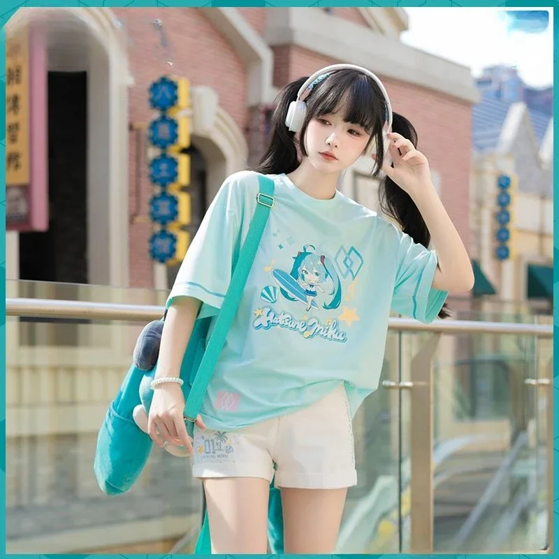 Hatsune Miku Short-sleeved Anime Peripheral Cute Cartoon Shorts Kawaii T-shirt Summer New Sportswear Comfortable Breathable