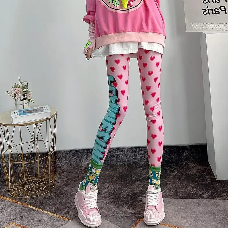 2022 Kawaii Autumn Women Leggings Fashion Pink Heart Print Girls Streetwear Elastic Pants Female Casual Y2K Sporty Yoga Clothes