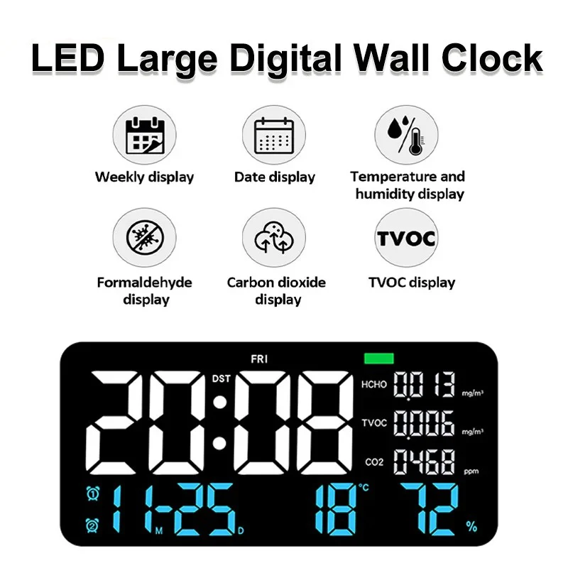 LED Digital Wall Clock Formaldehyde/CO2/TVOC Display Smoke Recognition Countdown Bedroom Decorative Clock with Remote Control