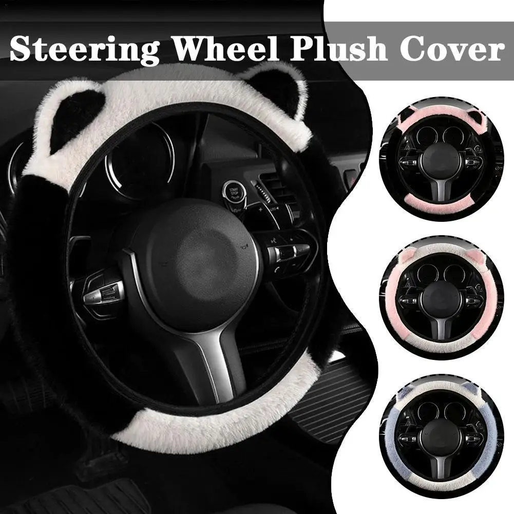 Car Steering Wheel Grip Cover Universal Cute Cartoon Cat Ears Cold-Proof Winter Warm Plush Non-Slip Protector Cover Unisex