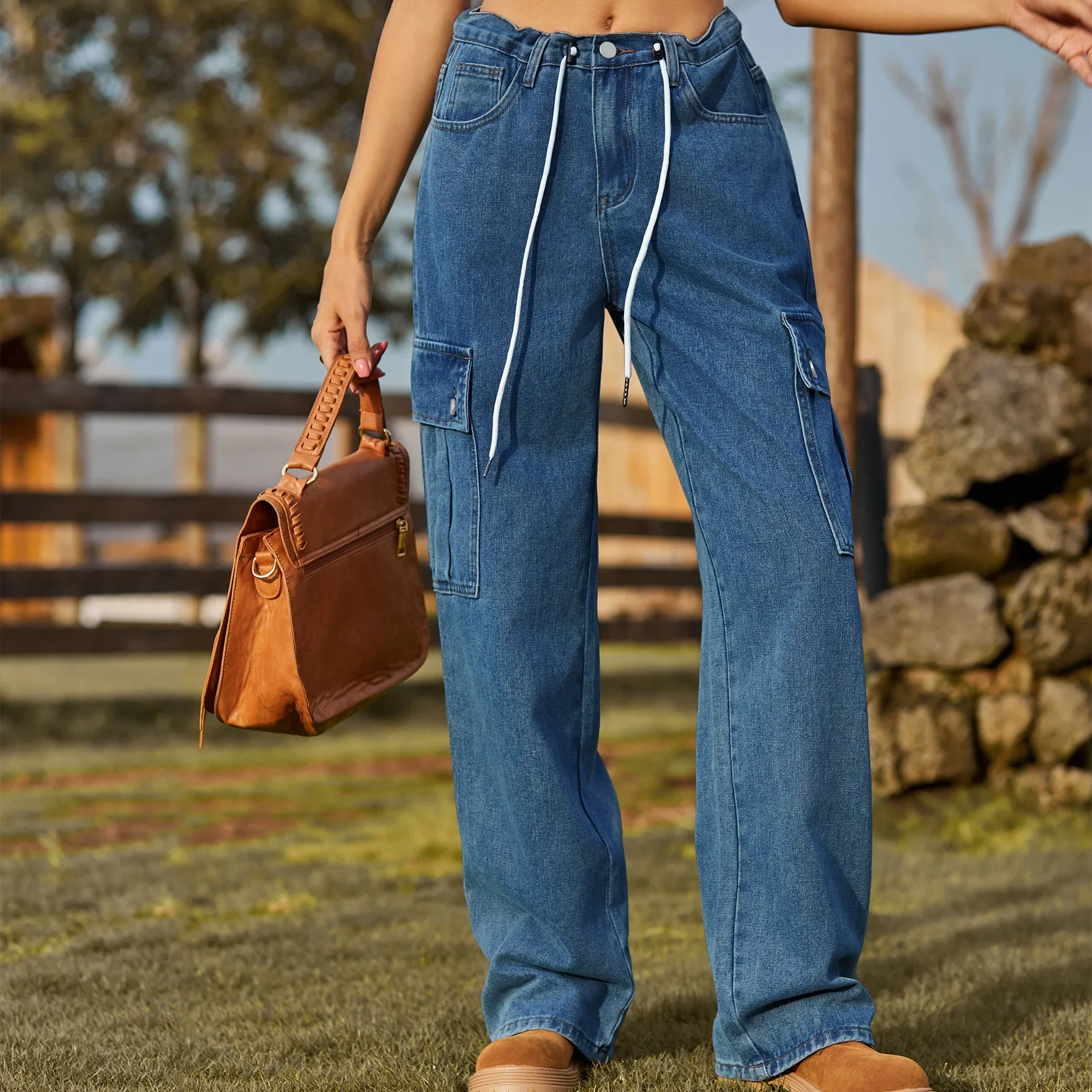 Cargo Pants Women Jeans Drawstring Lace Up Mid Waist Washed Distressed Multiple Pockets Straight Trousers Streetwear  Denims