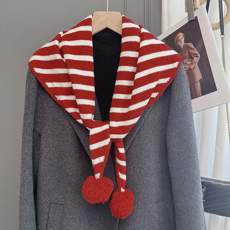 

Cute and sweet striped scarf with three pom-poms women, winter warm scarf, color-blocking outer shawl students