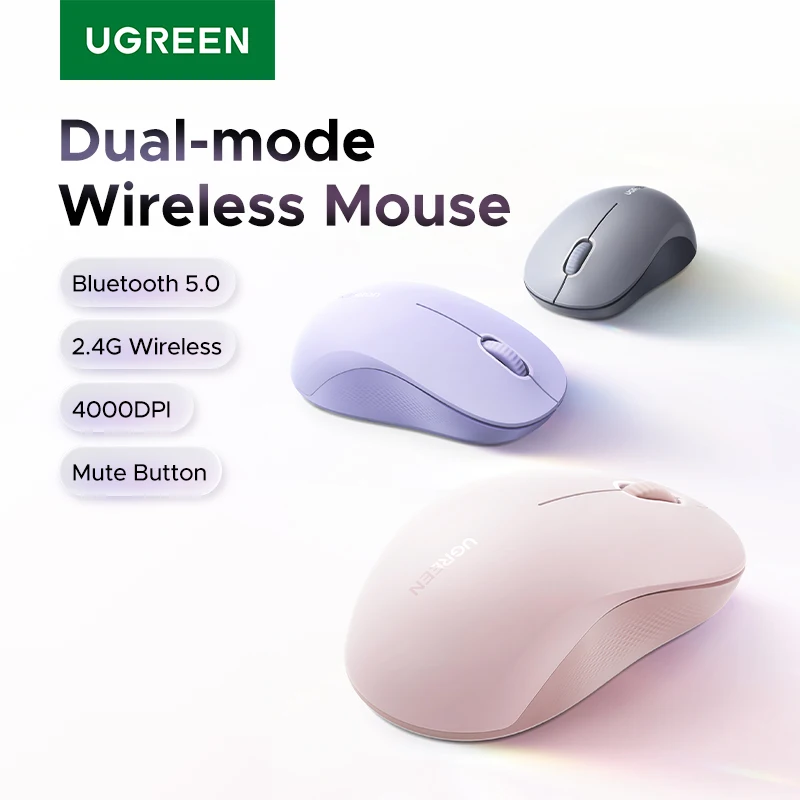 UGREEN Wireless Mouse 2.4G & Bluetooth Dual Mode, 4000DPI 4-Level Adjustable, Silent Click, Portable Ergonomic Mouse for Laptop