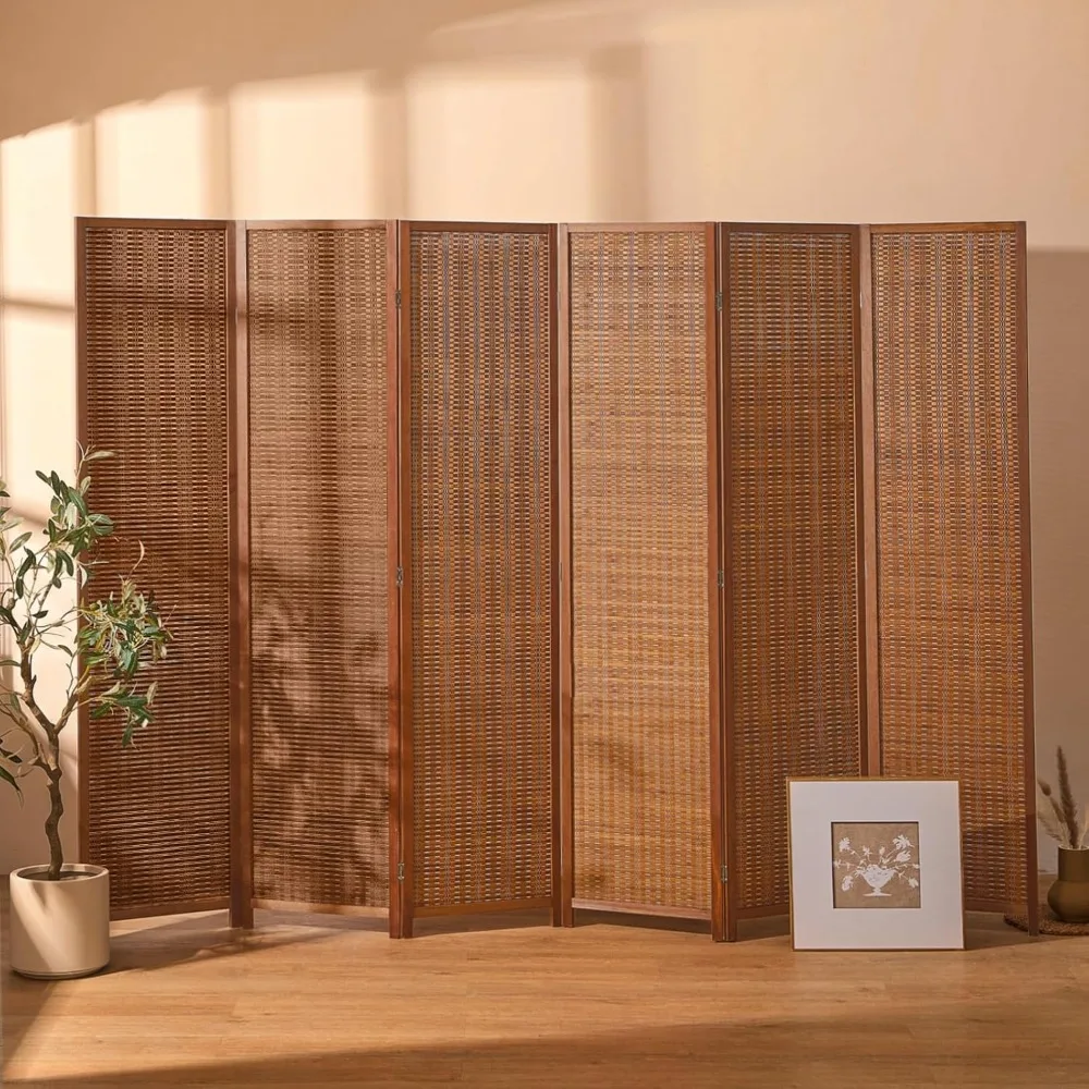 6 Panel Bamboo Room Divider, Folding Privacy Screen, Dark Brown