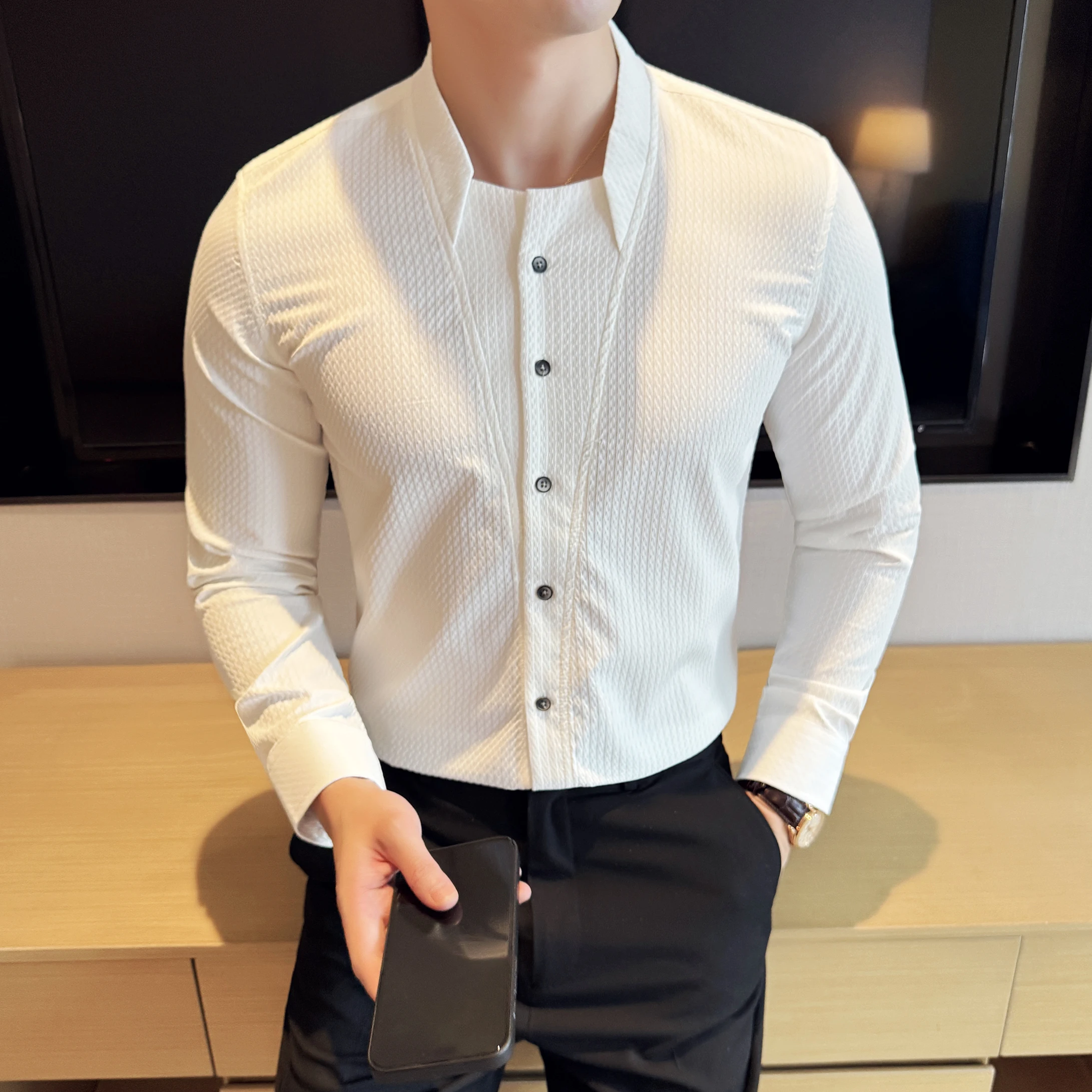 

Мужские рубашки с воротником-стойкой, корейская мода, однобортные мужские повседневные рубашки с длинным рукавом, облегающая деловая блузка Homme 4XL