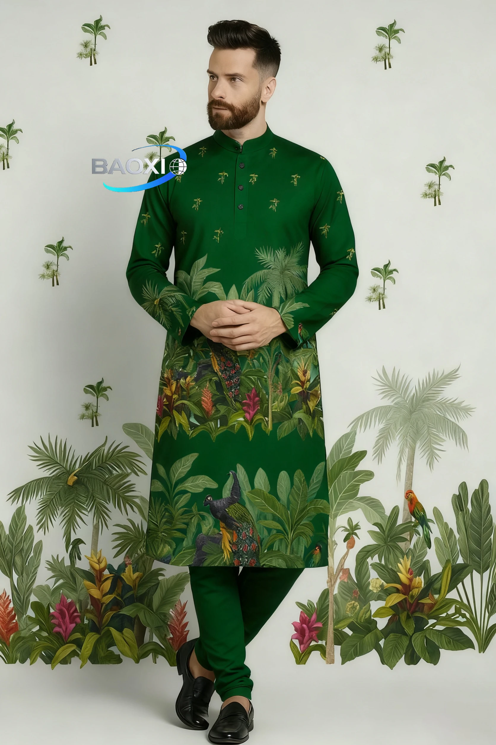 Męska kurta z nadrukiem cyfrowym, krój regularny, kołnierzyk mandaryński, długa, odpowiednia na wszystkie okazje, takie jak wesela, Hari Raya, Aidilfitri.