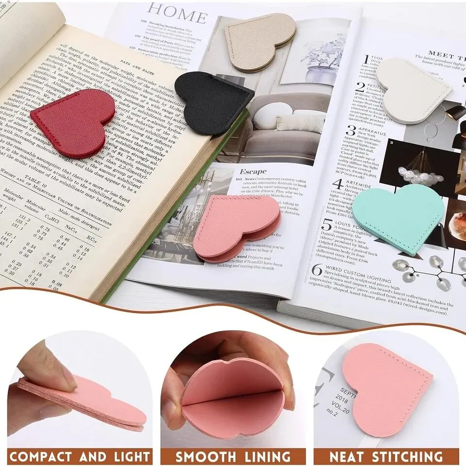 6 قطع من الإشارات المرجعية الجلدية على شكل قلب، علامات كتابية لطيفة لصفحة الزاوية للمعلمين والطلاب ومحبي قراءة الكتب، للوازم المكتبية المدرسية #1