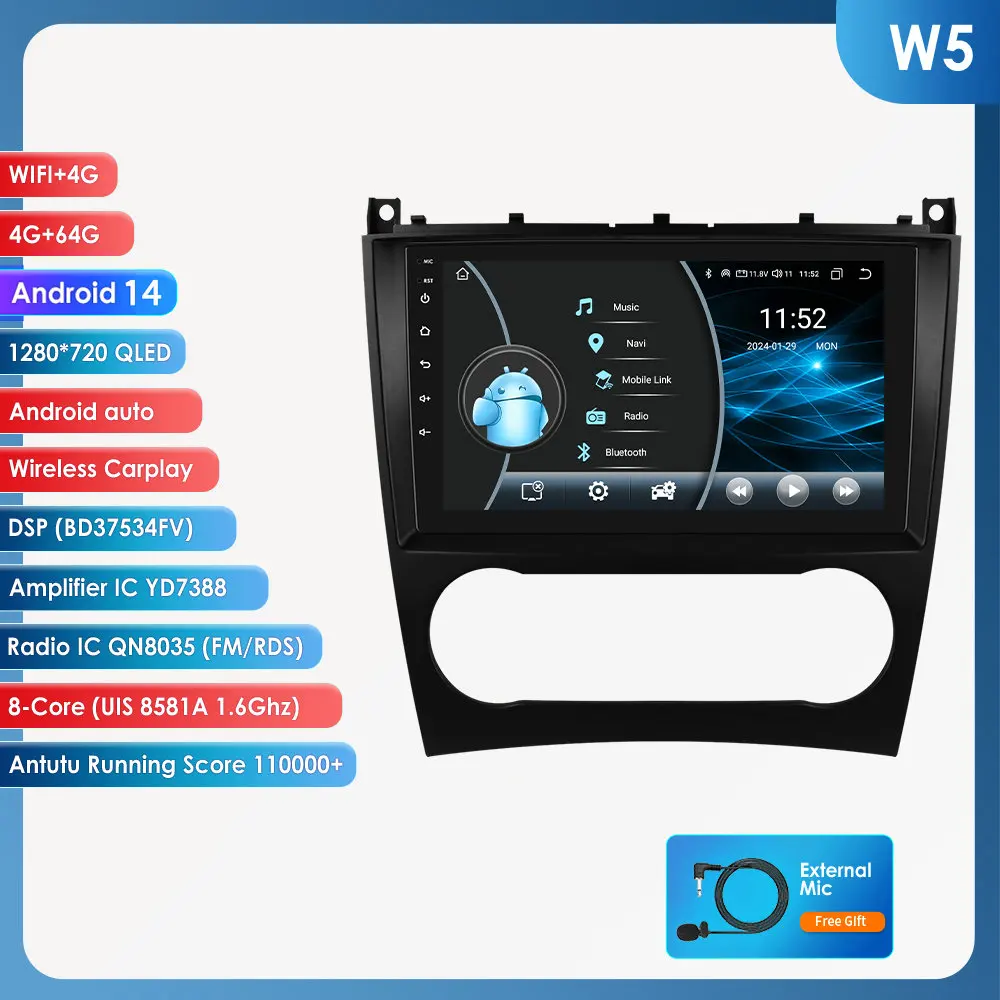 Hizpo 9 inch draadloze CarPlay Android Auto autoradio voor Mercedes Benz CLC W203 C-Klasse C180 C200 CLK200 CLK W209 Multimedia draadloze Apple CarPlay slimme intelligente systemen IPS touchscreen