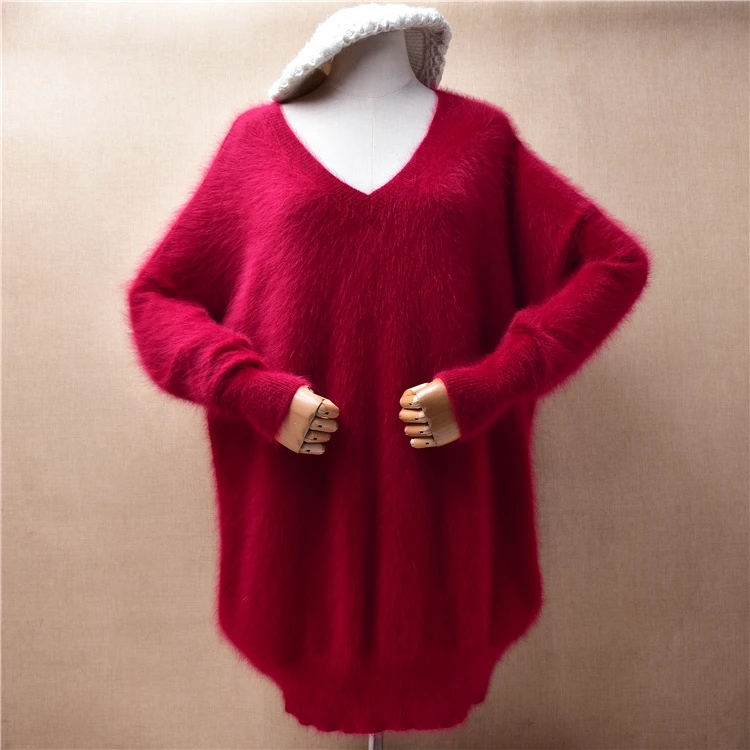 

Ladies Women Fall Winter Clothing Hairy Mink Cashmere Knitted V-Neck Long Sleeves Angora Fur Jumper Angora Sweater Dress Pull