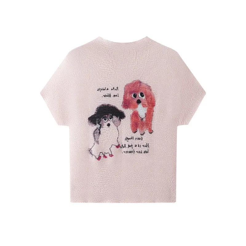 Miyake Pleated 2026 Original Puppy Print Shoulder Short Sleeve T-Shirt for Women 2026 Summer New Casual Slim Fit Inner Top Pleat