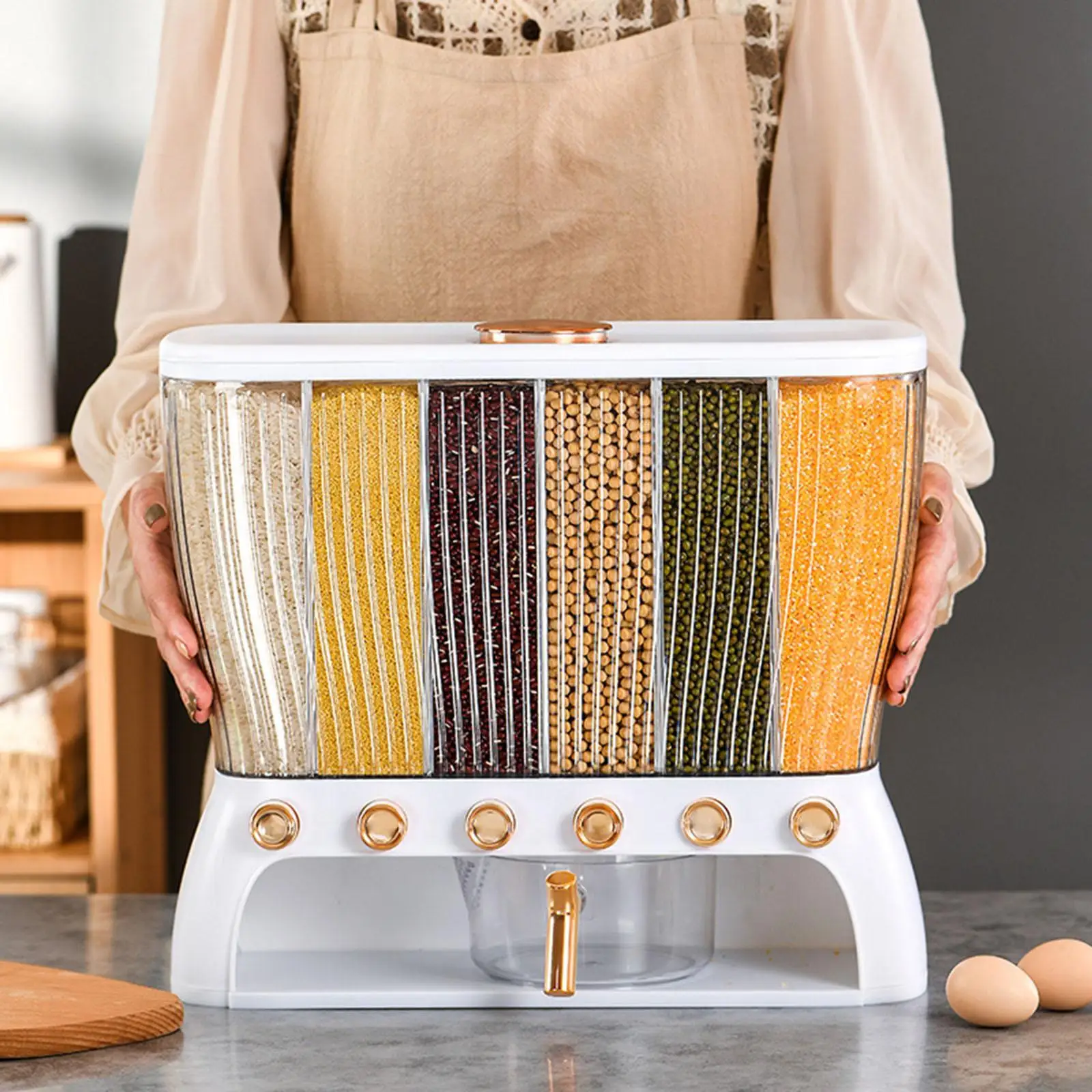 Cereal Dispenser Organizer Airtight Clear with Measuring Cup 6 Grid Dry Food Dispenser for Millet Beans Oatmeal Home Barley