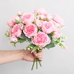 30cm Rose Pink Silk Peony Artificial Flowers Bouquet 5 Big Head and 4 Bud Cheap Fake Flowers for Home Wedding Decoration indoor