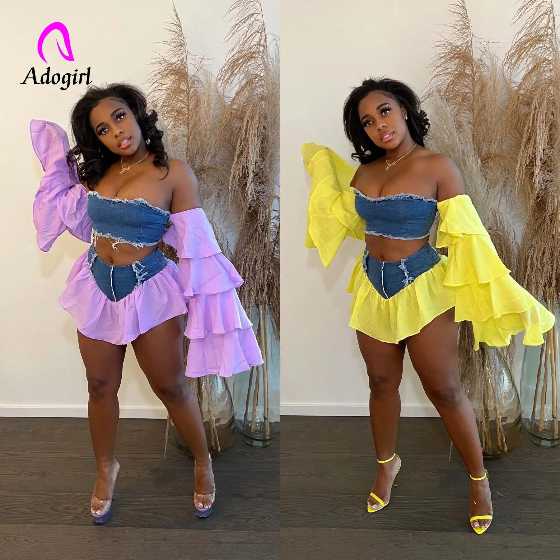 Ruffles Sleeve Women 2 Piece Set Off Shoulder Crop Top Denim Skirts Set 2022 Summer Beach Holiday Sexy Night Club Party Vestidos