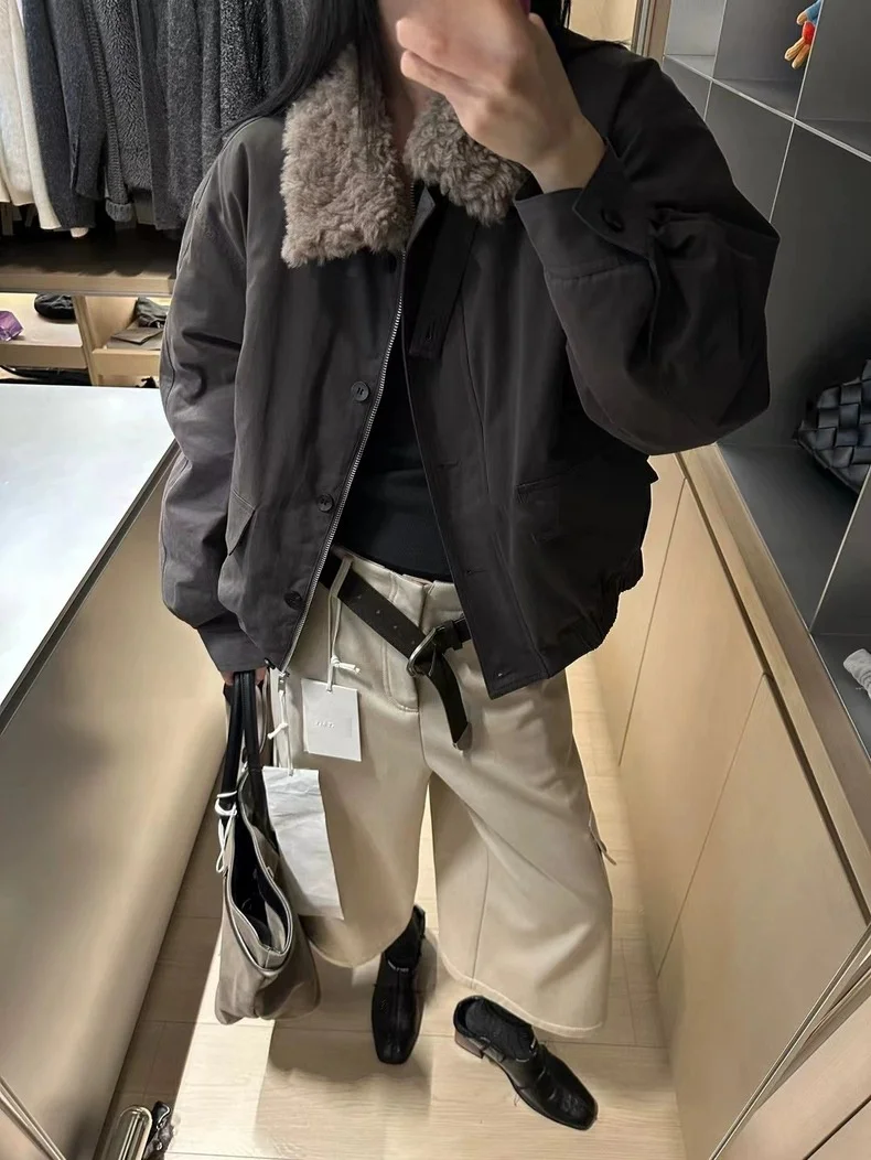 

Barn Style Goose down Parka Short Coat Lamb Fur Collar Warmth Winter Women's Fashion Casual Wear Zipper Closure Long Sleeve