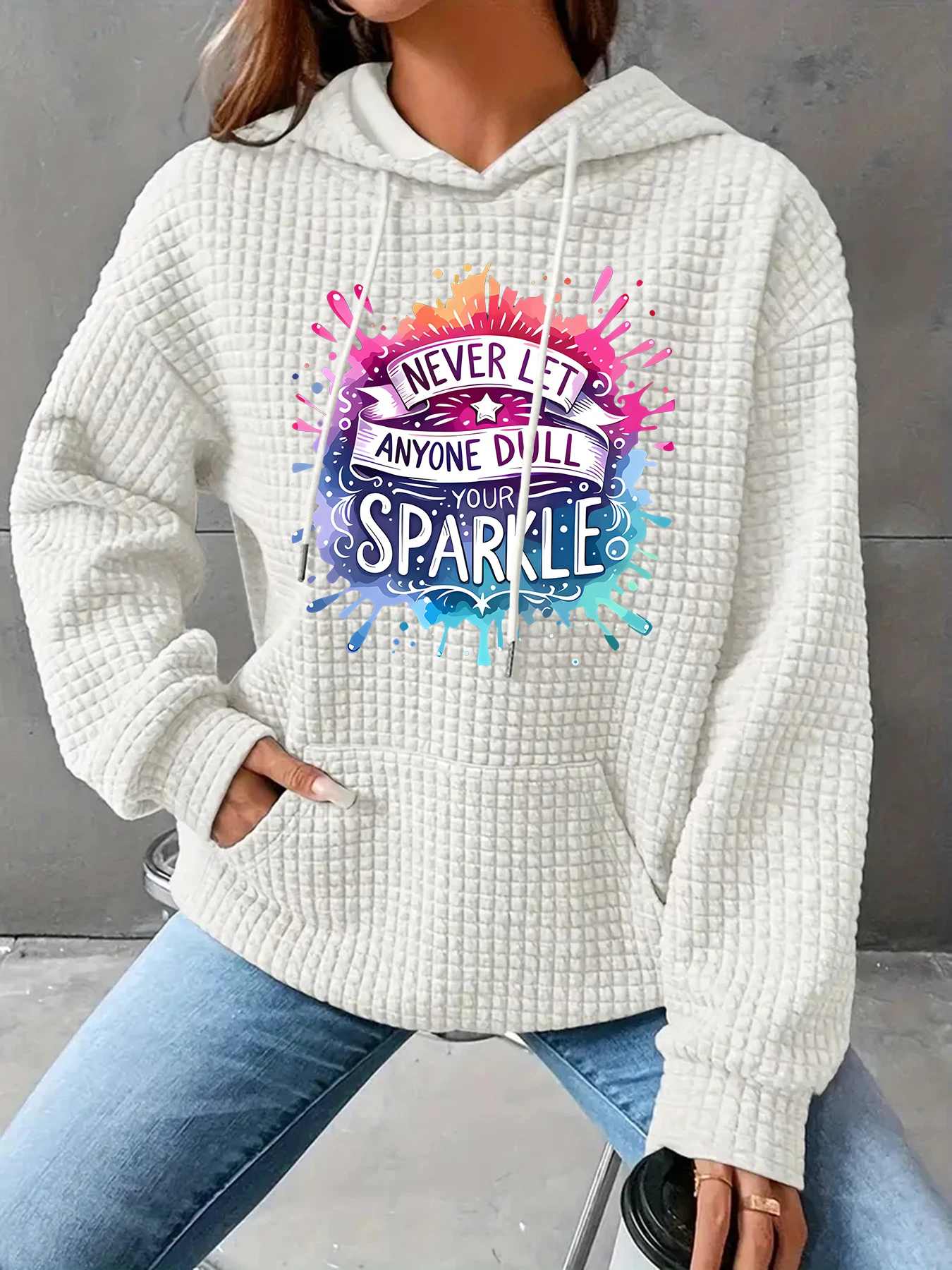 Watercolor gradient motivational English ribbon star print studded pullover hooded casual women's hoodie