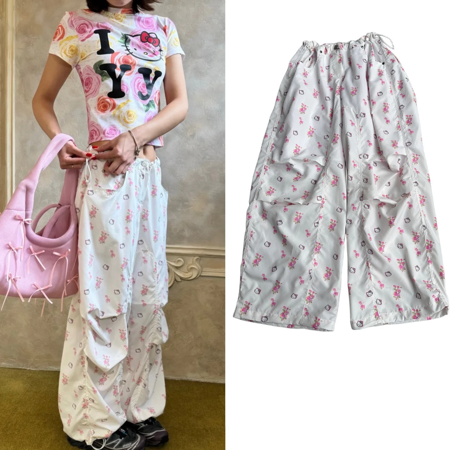 

Firmranch YY Jennie Outfits Cartoon Print Drawstring Leg Cargo Pants Women Casual Summer Thin Sunscreen Paratroopers Trousers