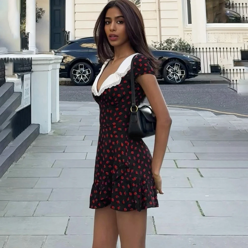 فستان قصير مطبوع عتيق من Talenza أنيق بخصر عالٍ ورقبة على شكل حرف v فستان ضيق مرقع على شكل حرف a Y2k فساتين نسائية صيفية للحفلات