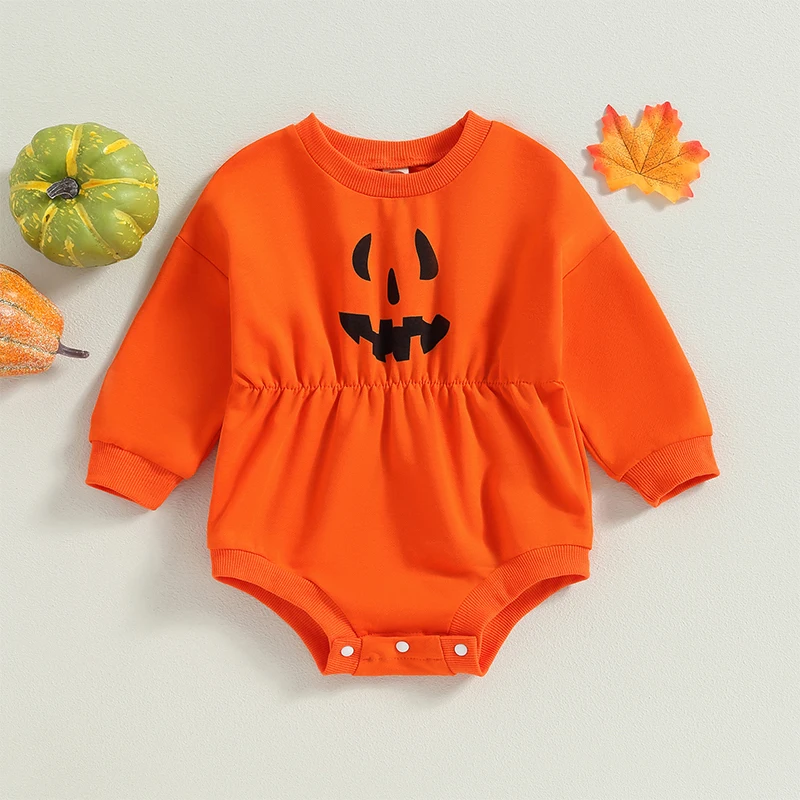 

2023-07-03 Lioraitiin 0-24M Baby Boy Girl Halloween Sweatshirt Jumpsuit Round Neck Long Sleeve Pumpkin Face Print Bodysuit