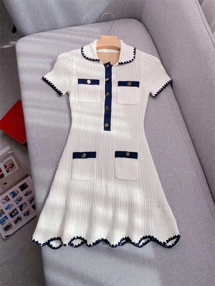 Early Autumn New Fashion Contrast Color Knit Dress Women Temperament Elegant turn-down collar Short Sleeve Slim Mini Robe Ladies