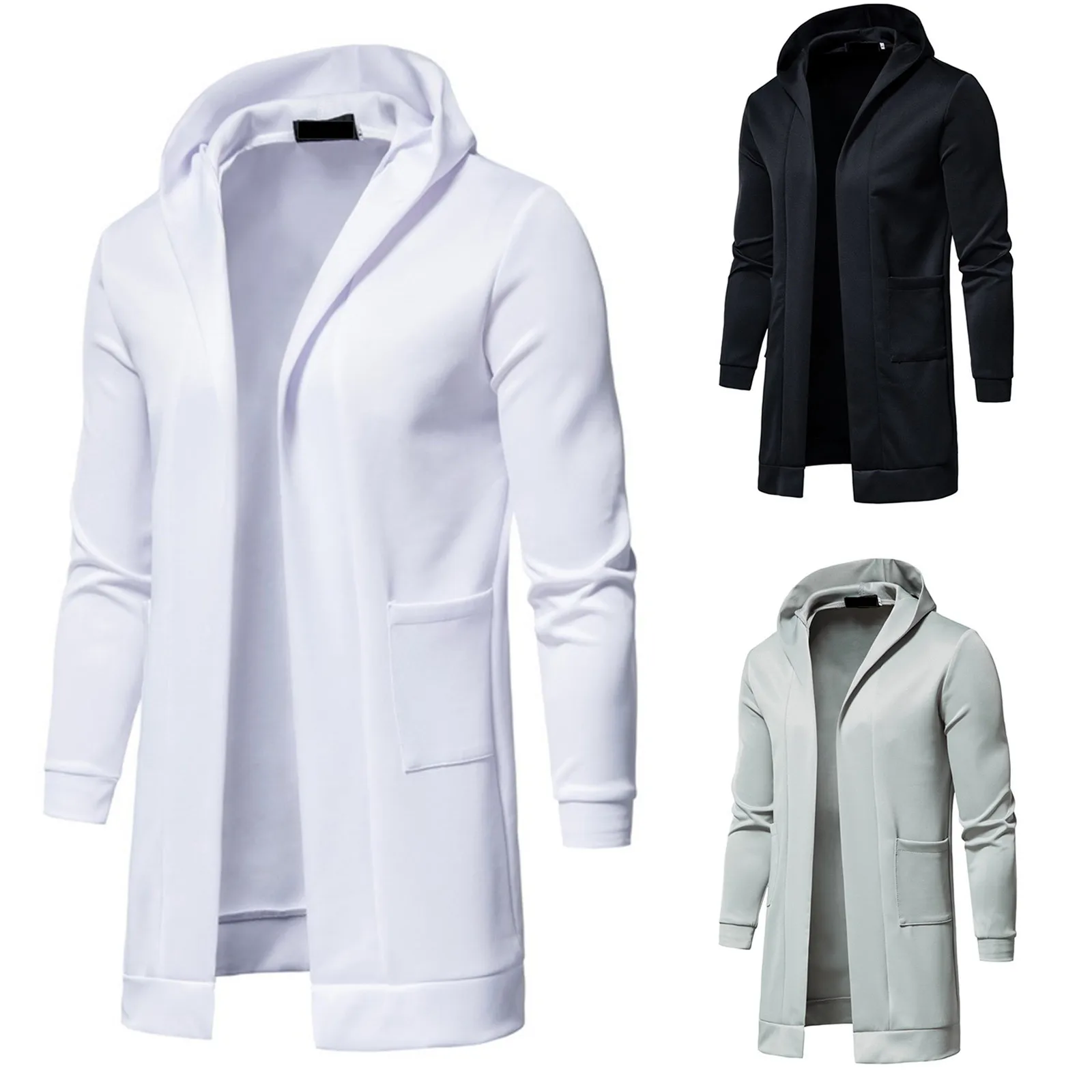 

Hooded Long Sleeve Male Jacket Solid Color Autumn Winter Windproof Pockets Jacket Cardigan Outerwear Men Coat Jacket