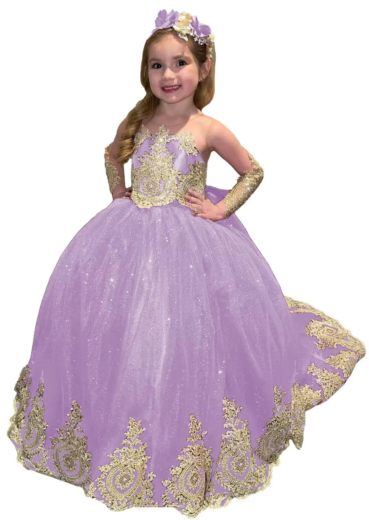 

Girls Princess Dress Gold Appliques Flower Girl Dresses for Wedding Toddlers Sheer Neck Full Sleeves Pageant Birthday Ball Gowns