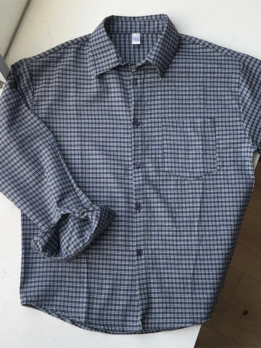 

Blue Plaid irt Men's Vintage Spring Layering Long Sve Inner Wear Premium Feel Spring Coat Loose Fit Youth Trend