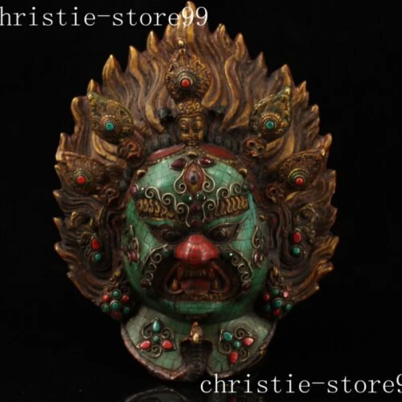 Tibet bronze Gilt filigree Inlay turquoise gem Mahakala head mask wall hanging