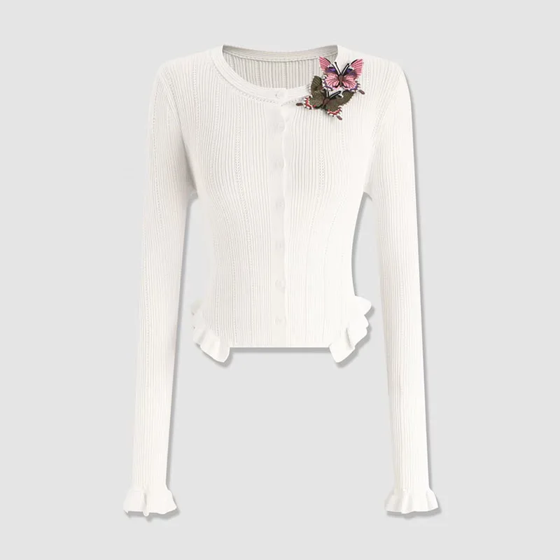 

Women's butterfly embroidered lace cardigan, casual and versatile top, high quality white sweater, 2026, new style, y2k,