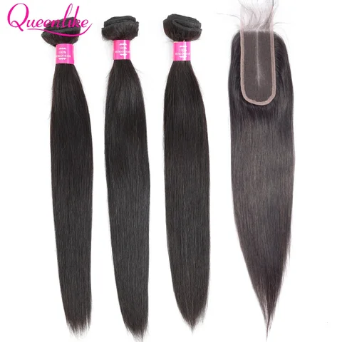 Queenlike Straight Human Hair Bundles with 2x6 Deep Middle Part HD Lace Closure 12A Brazilian Raw Hair Bundles with Closures