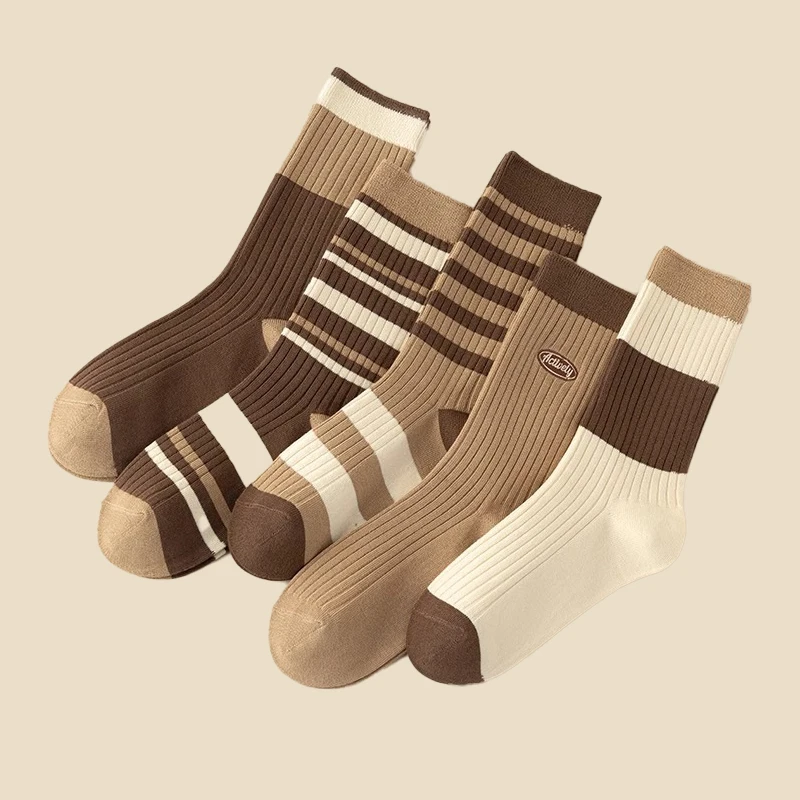 

5 пар женских носков цвета Майяра, осенние и зимние винтажные забавные модные спортивные носки, спортивные трендовые носки