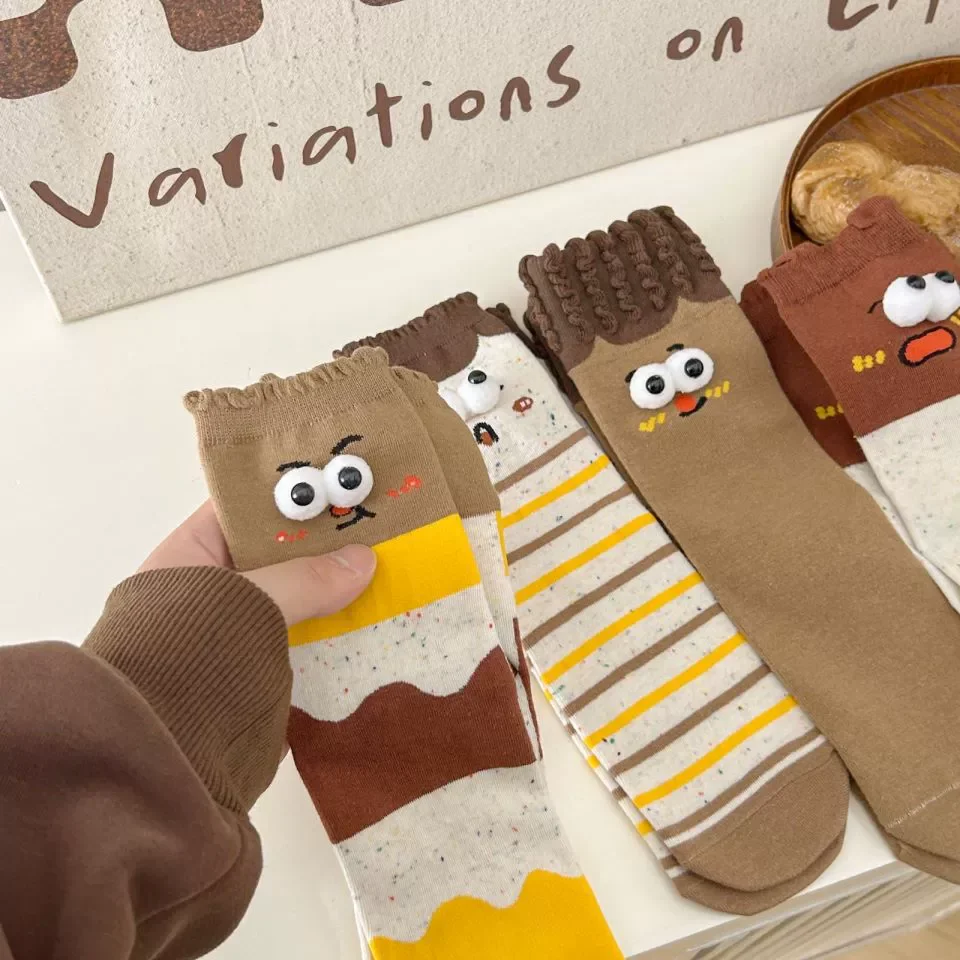Kawaii Ugly Cute Socks 3D Movable Big Eyes Wave Striped Mid Tube Crew Socks Funny Cotton Couple Socks Trendy Novelty Gift
