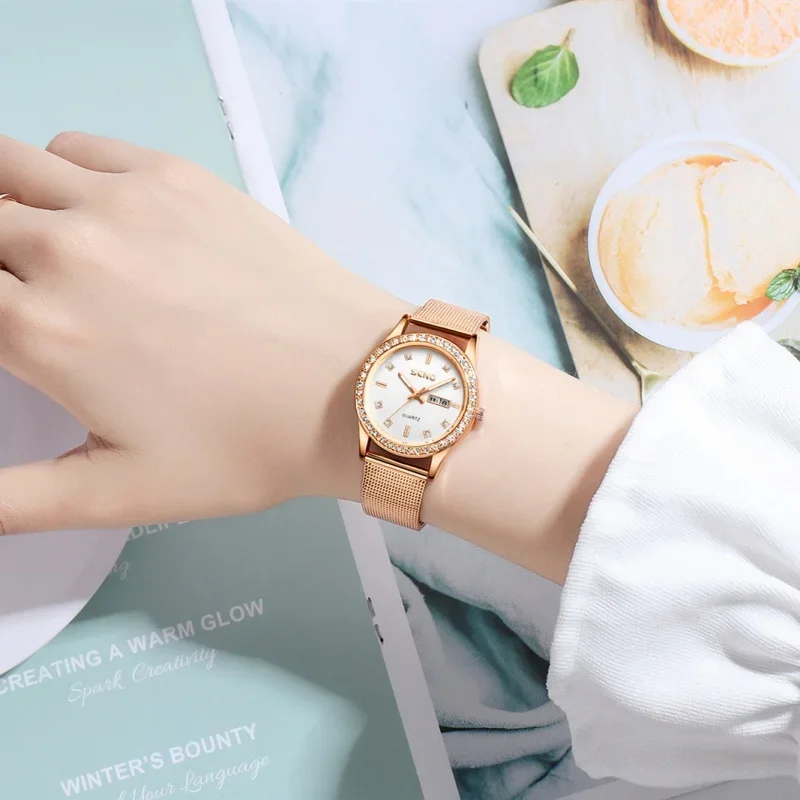 

Customized Diamond Dial waterproof fashion watch for women with dual calendar