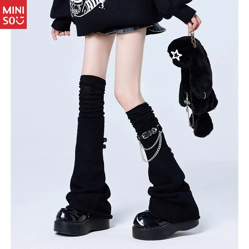 ถุงเท้ารัดขาแบบโซ่สไตล์ Y2K ของมินิโซ ถุงเท้าหนังแบบซ้อนสำหรับใส่เป็นเลเยอร์