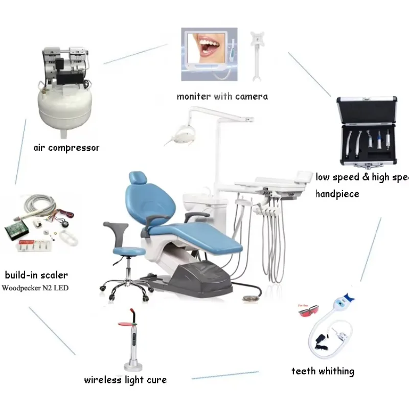 Hot Sale High Quality  Dental Chair Equipment Full Set Inbuilt Compressor Oral Camera Cushion Foot Control Led Lam Pdental Chair