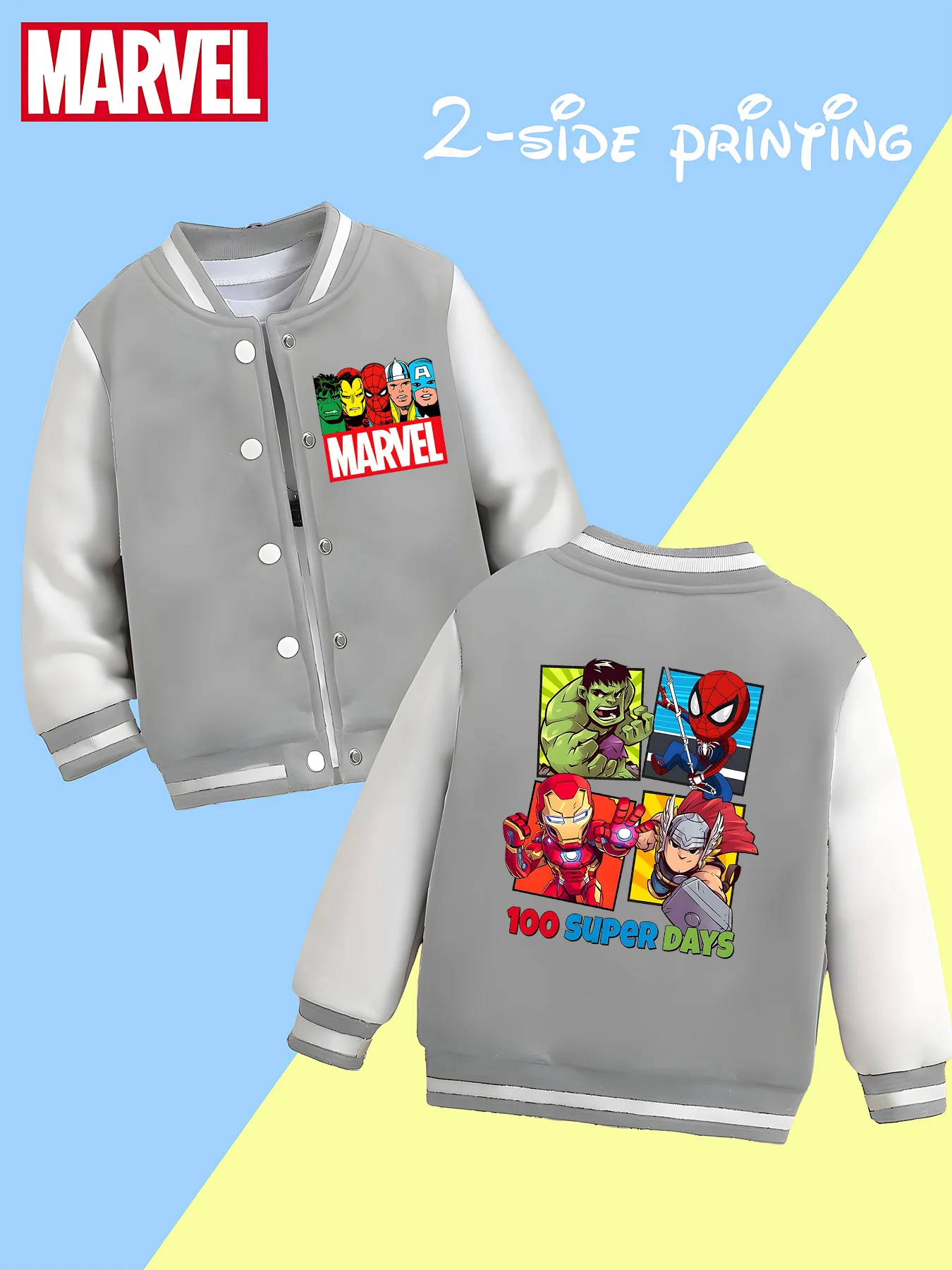 MINISO Marvel Boys Baseball Jacket - Avengers Heroes Four-Pattern Print, Double-Sided Pattern Design, Soft and Comfortable Fabri