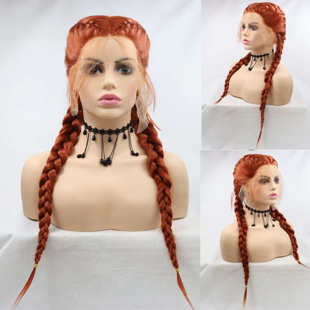 Sylvia Braided Lace Front Wigs For Women Cooper Red Synthetic Double Braided Wigs With Baby Hair Middle Parting Long Cosplay Wig