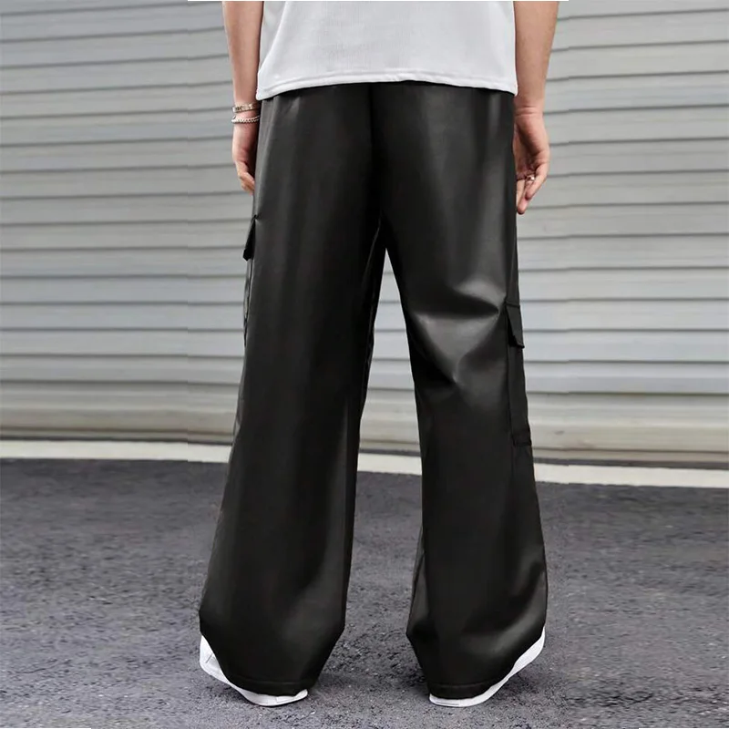 Men\'s Casual Leather Cargo Wide Leg Pants Moto Biker Trousers Hip Hop Trousers Nightclub Party Dance Pants Fashion New 2024