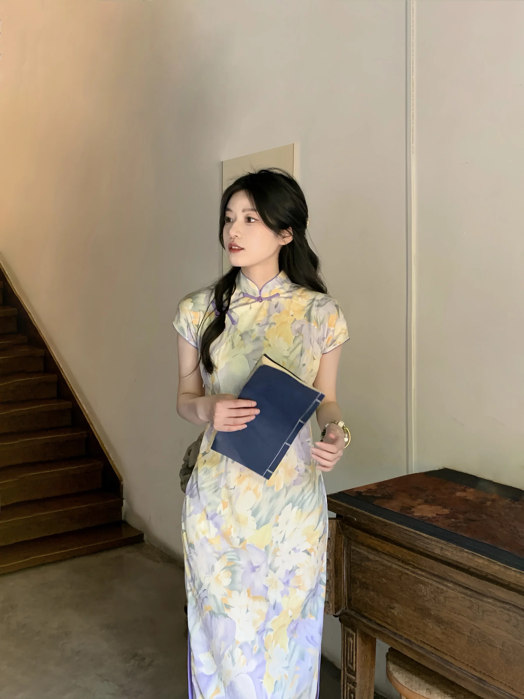 

Ele Young Sle Silk And Linen Long Qipao Dr a New Chinese Sle Daily Wear Low Slit ort Sve Floral Pattern