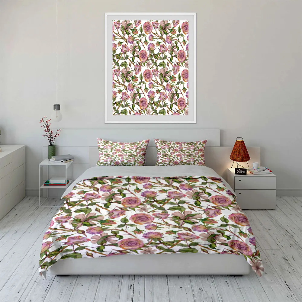 Floral watercolor design pink and green Pattern Duvet Cover Set Digital Print Colorful Polyester Bedding with Zipper Closur