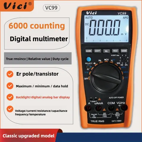 Vici VC99 6000 Counts Auto-Ranging Multimeter AC/DC Tester for Home/Electricians, Data Hold/Temperature/NCV, CE Certified