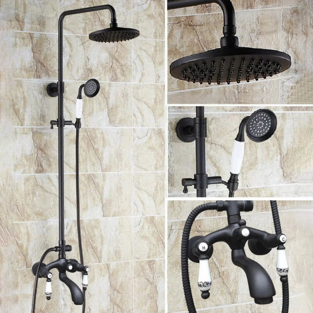 Black Brass Bathroom Rainfall Shower Faucet Set Wall Mounted Bathtub Hot And Cold Water Taps 8 inch Shower Head Kit 2hg136